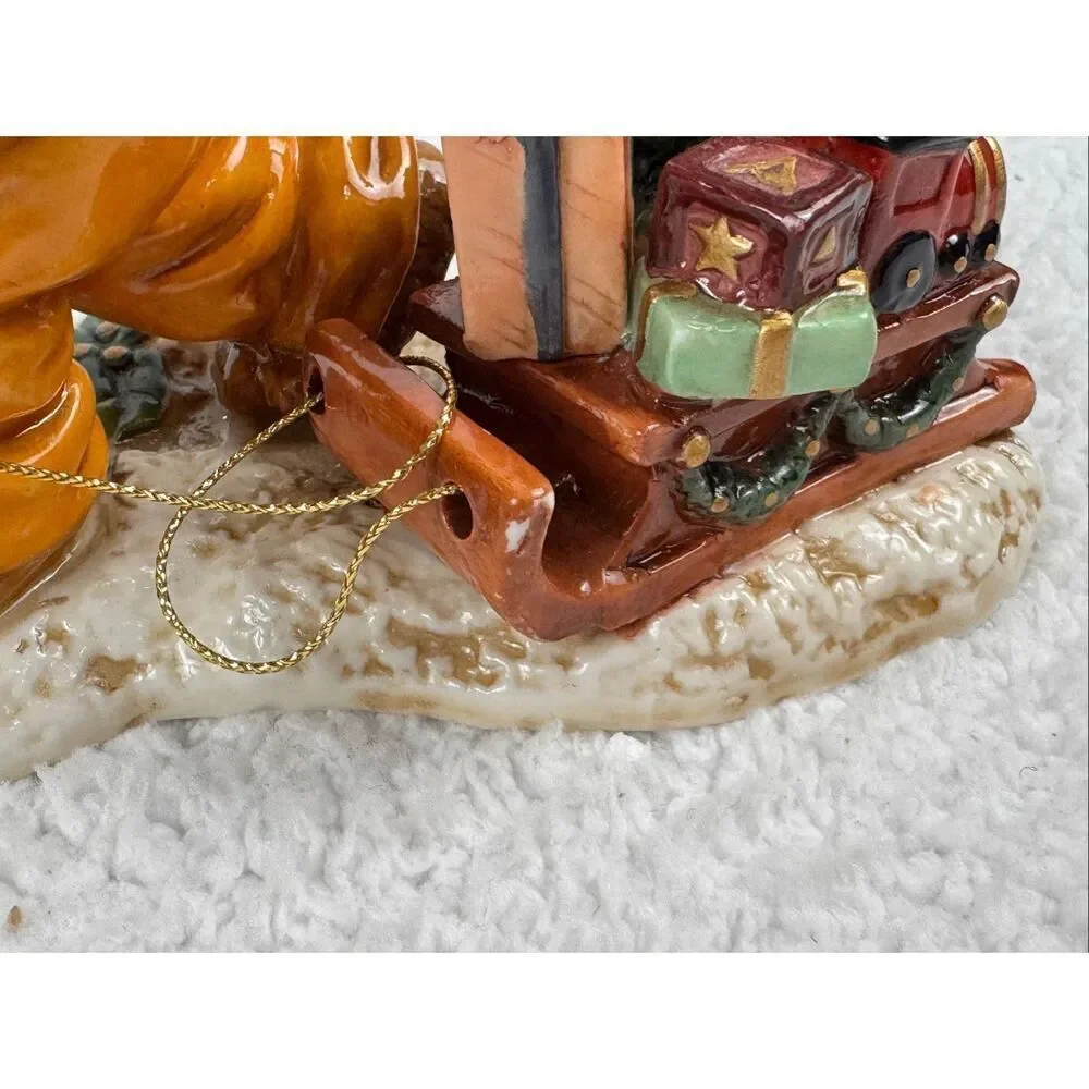 Christmas Teddy Bear Pulling Sled Porcelain Figure